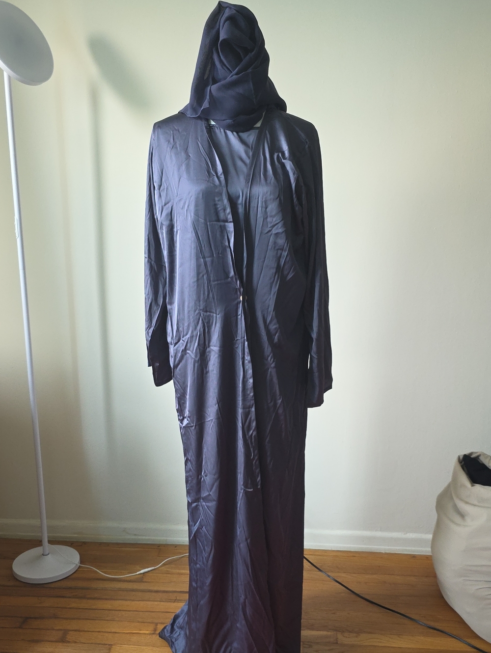 Women's Navy Satin Long Hijab Elegant Abaya 3 Piece Set